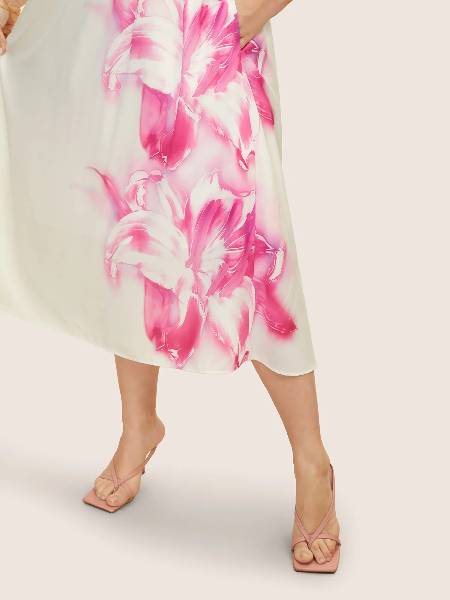 Pink Lilies Print Gathered Cami Midi Dress sold by Bloomchic product image thumbnail 5