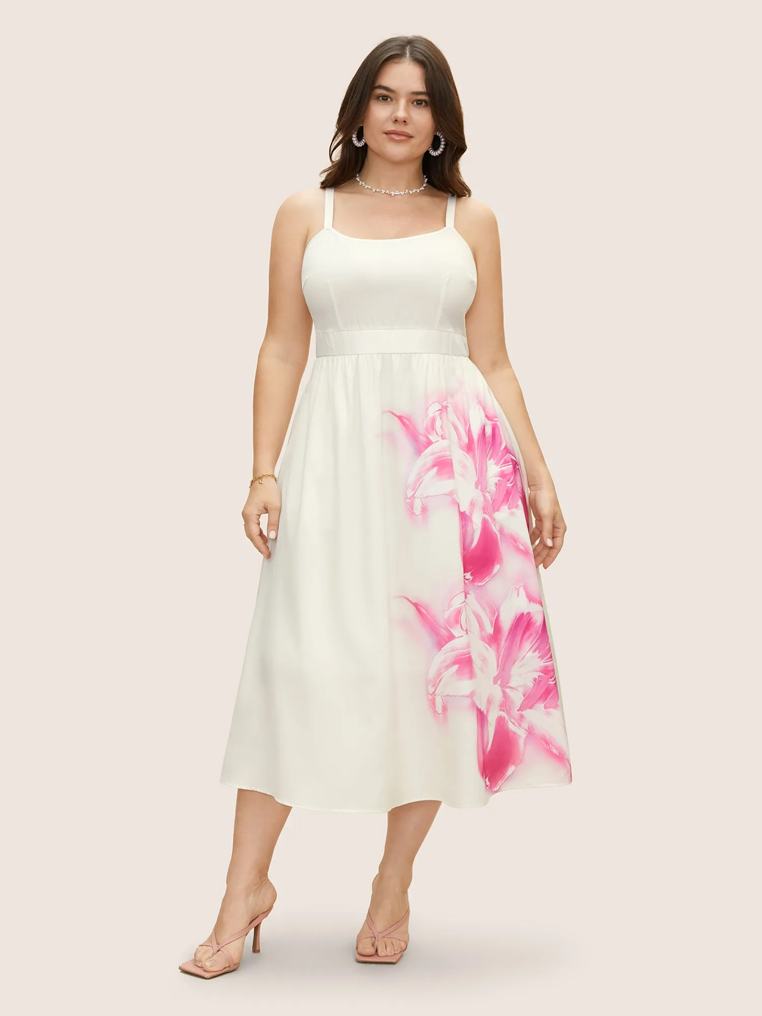 Pink Lilies Print Gathered Cami Midi Dress sold by Bloomchic product image thumbnail 2