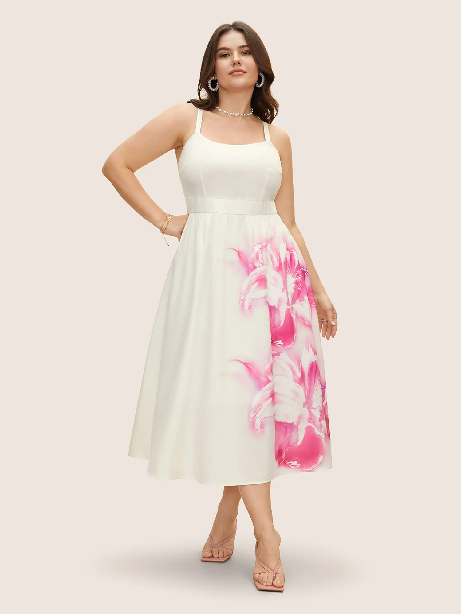 Pink Lilies Print Gathered Cami Midi Dress sold by Bloomchic