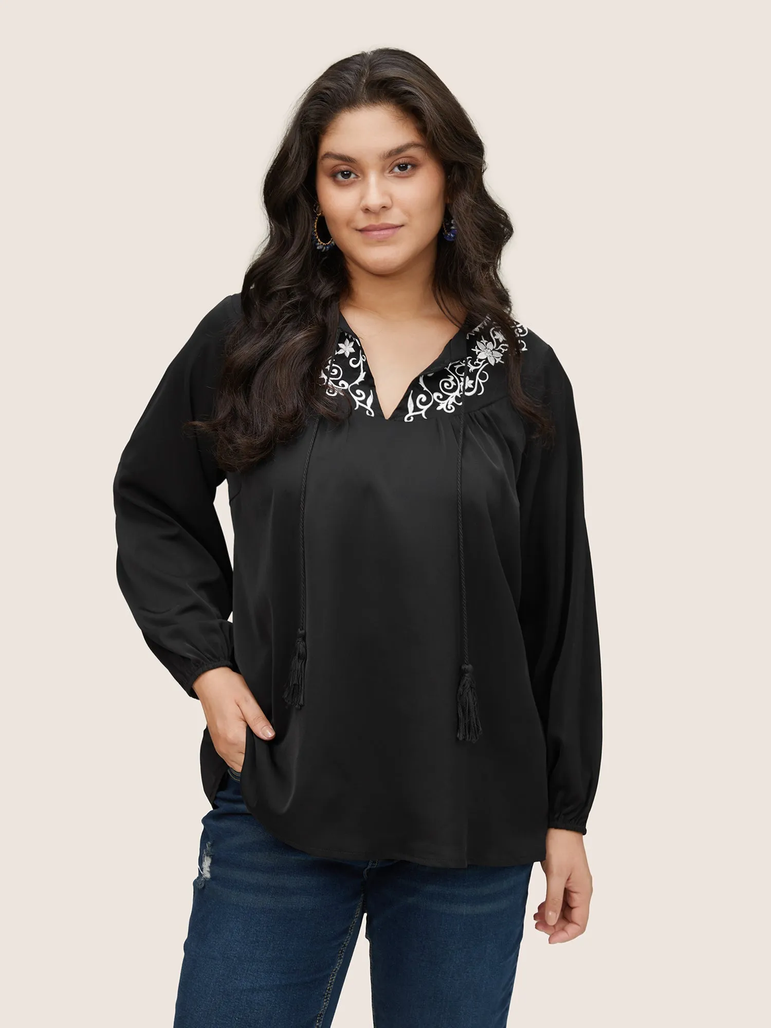 Boho Print Tie Neck Tassels Lantern Sleeve Blouse sold by Bloomchic