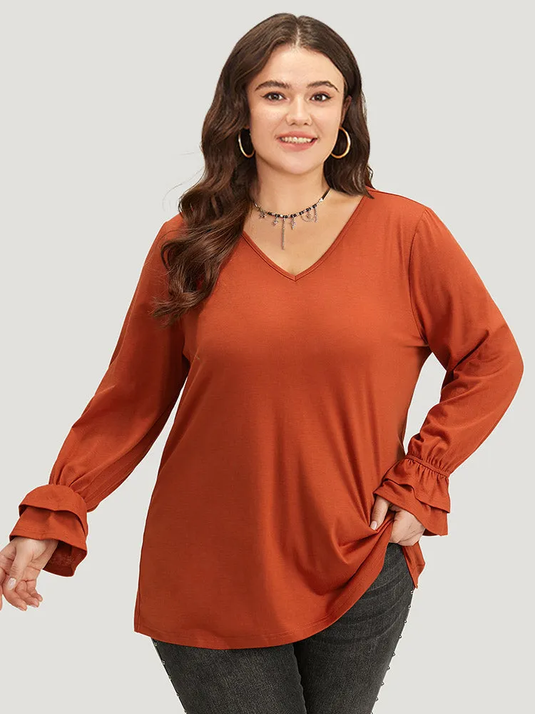 Halloween Solid V Neck Layered Sleeve T-shirt sold by Bloomchic
