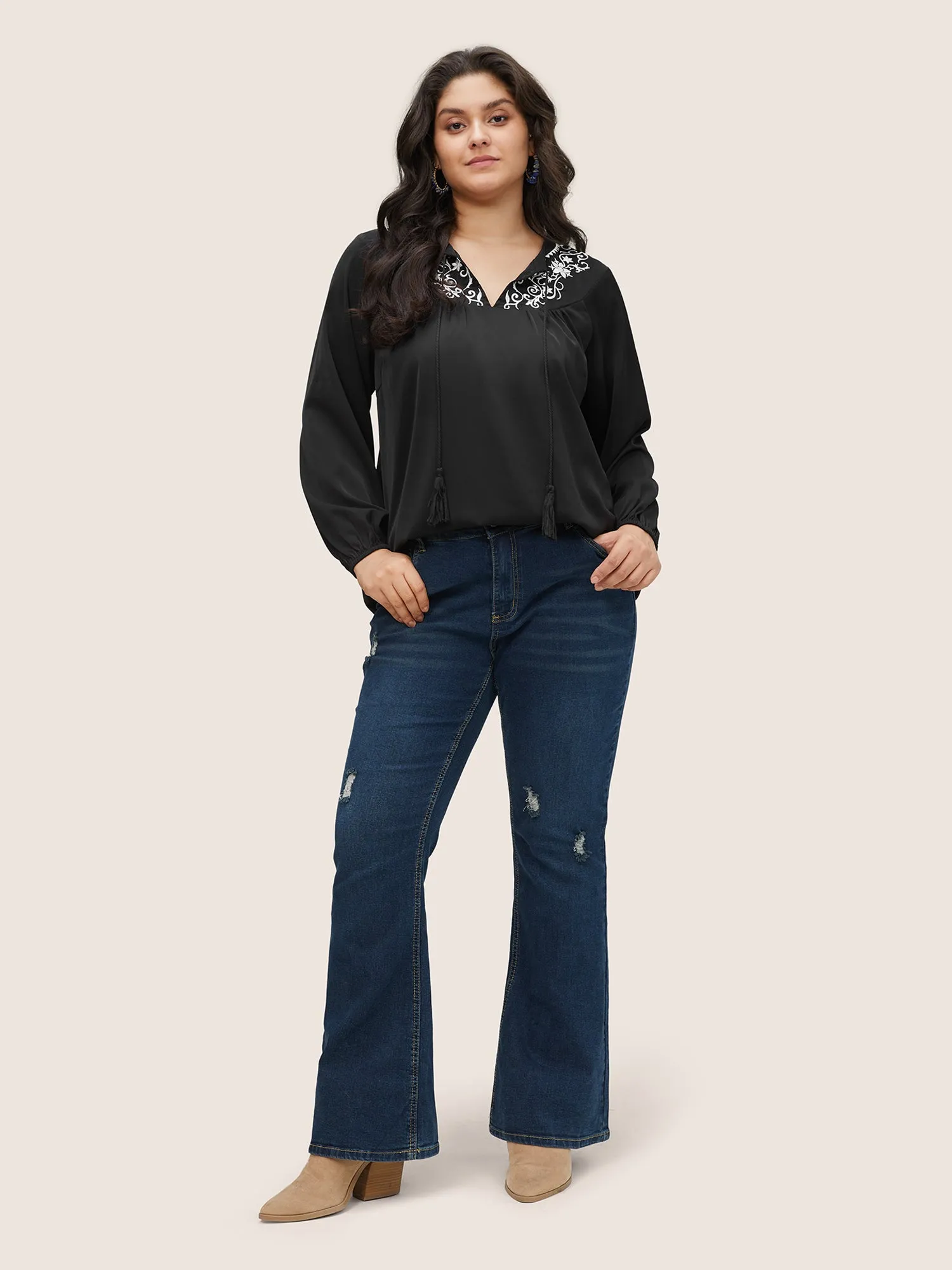 Boho Print Tie Neck Tassels Lantern Sleeve Blouse sold by Bloomchic product image thumbnail 2