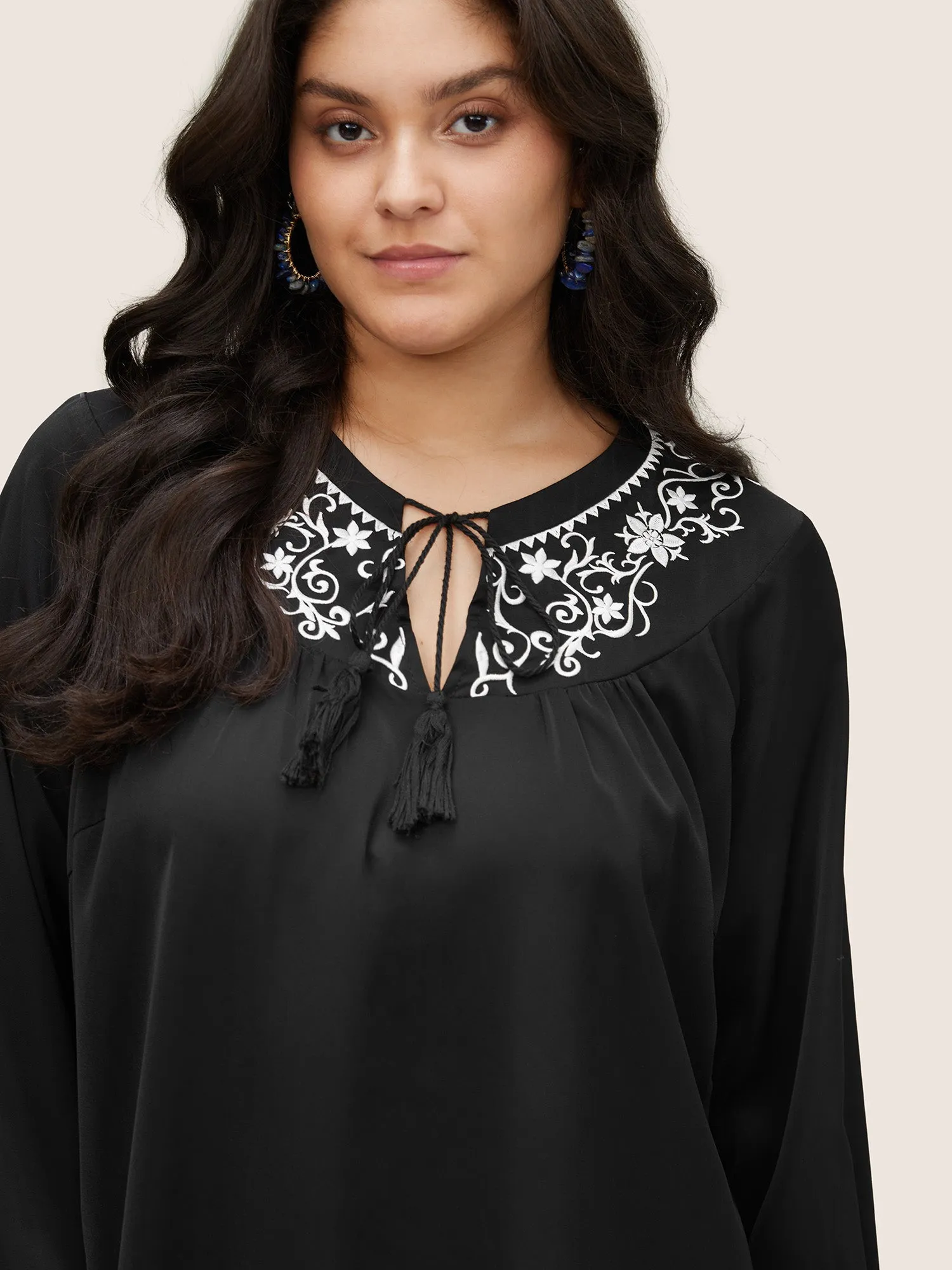 Boho Print Tie Neck Tassels Lantern Sleeve Blouse sold by Bloomchic product image thumbnail 3