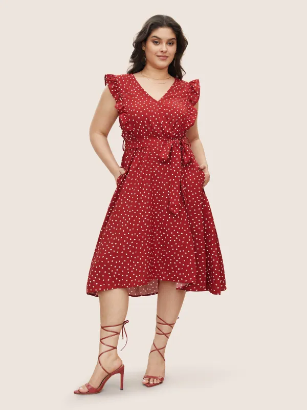 Polka Dot Ruffle Trim Pocket Belted Wrap Dress sold by Bloomchic