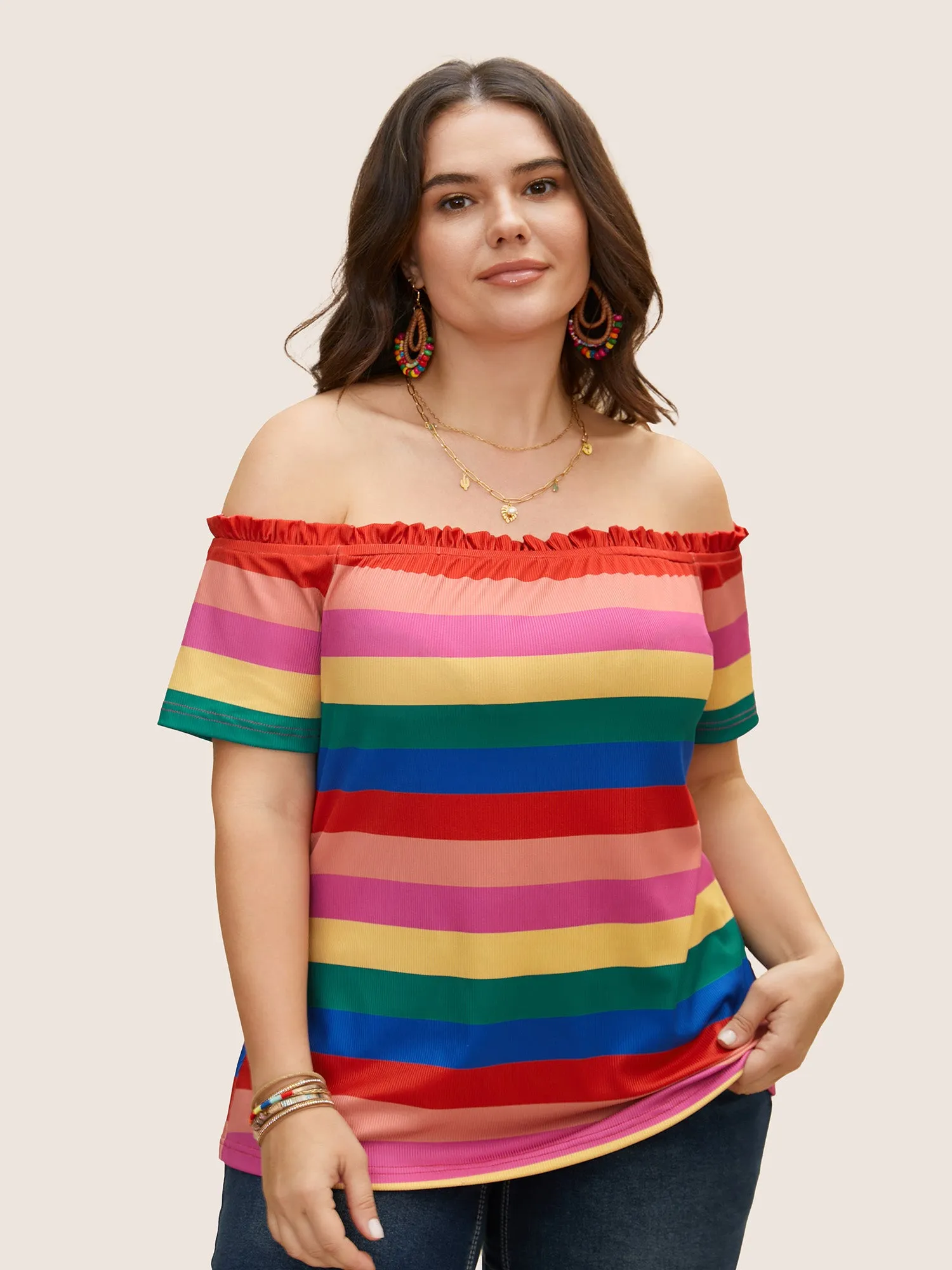 One Shoulder Neck Rainbow Frill Trim T-shirt sold by Bloomchic