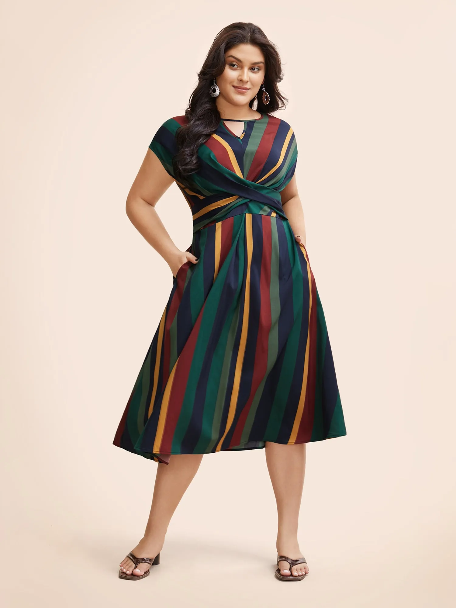 Striped Crossover Shirred Cap Sleeve Dress sold by Bloomchic product image thumbnail 2