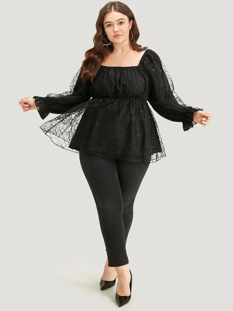 Halloween Square Neck Spider Web Crochet Lace Mesh Blouse sold by Bloomchic product image thumbnail 3