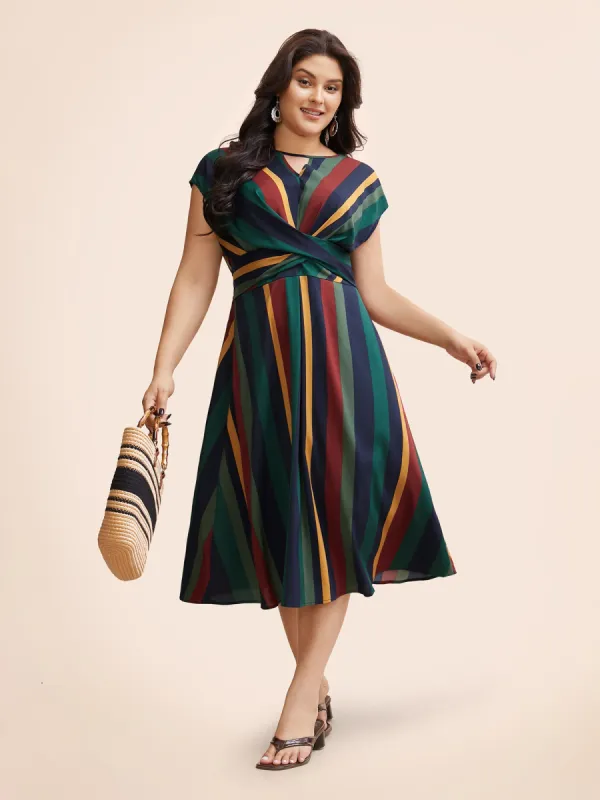 Striped Crossover Shirred Cap Sleeve Dress sold by Bloomchic