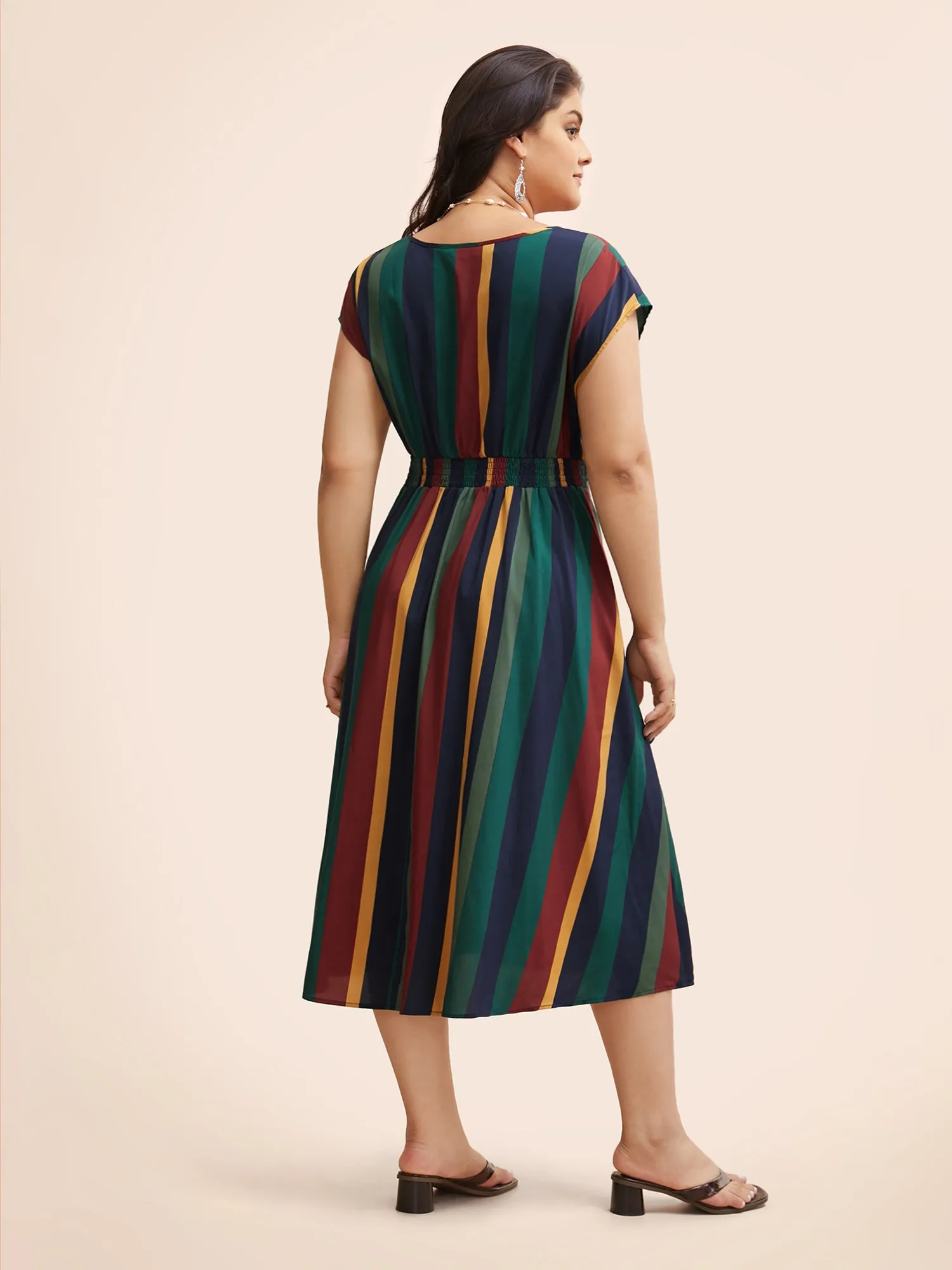 Striped Crossover Shirred Cap Sleeve Dress sold by Bloomchic product image thumbnail 3