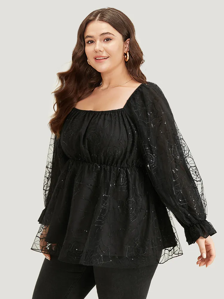 Halloween Square Neck Spider Web Crochet Lace Mesh Blouse sold by Bloomchic product image thumbnail 2