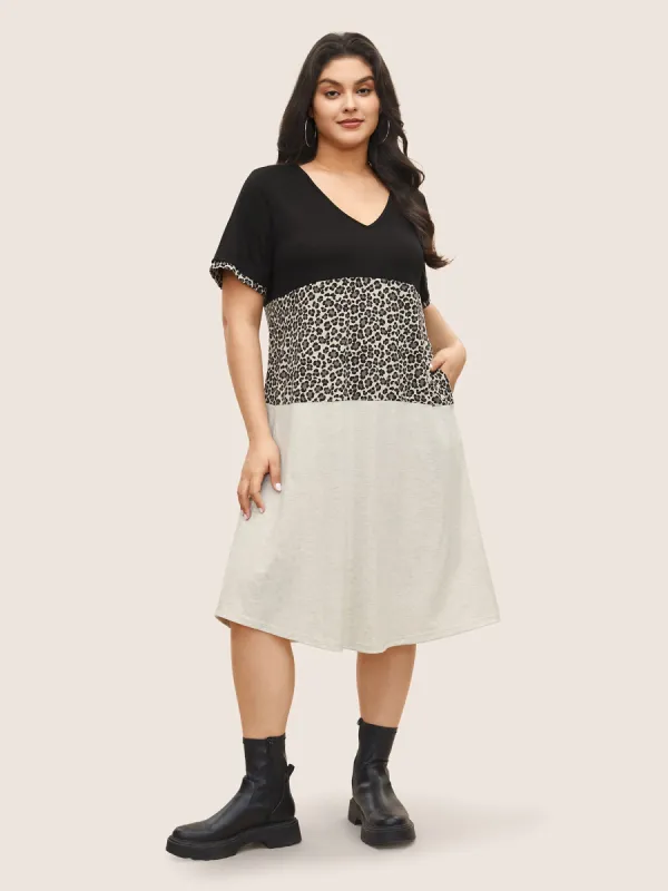 Leopard Colorblock Contrast Patchwork Pocket Dress sold by Bloomchic