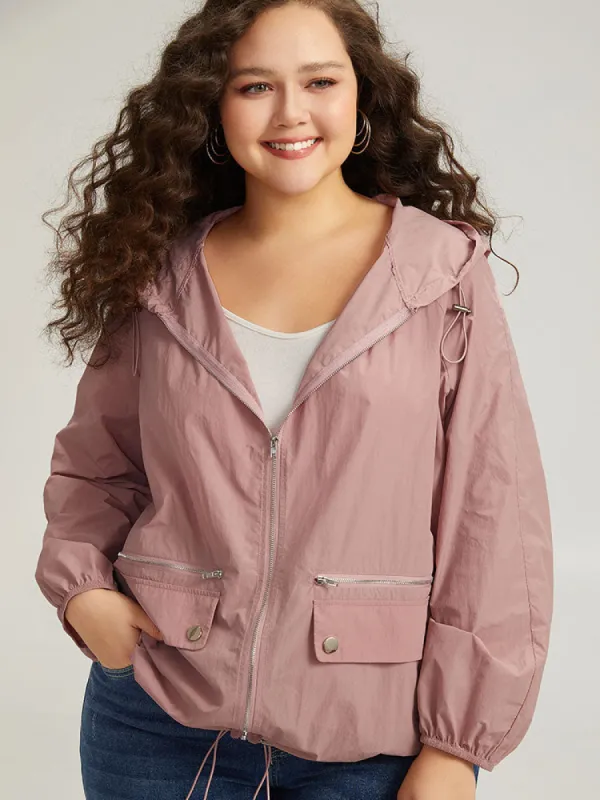 Plain Hooded Pocket Zipper Fly Drawstring Jacket sold by Bloomchic