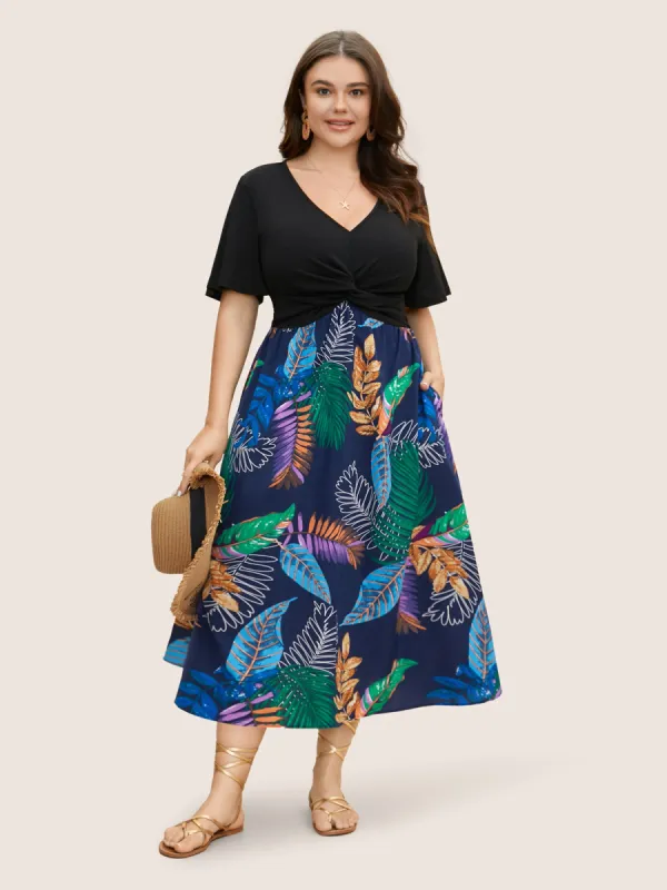 Tropical Print Patchwork Twist Front Dress made by Bloomchic