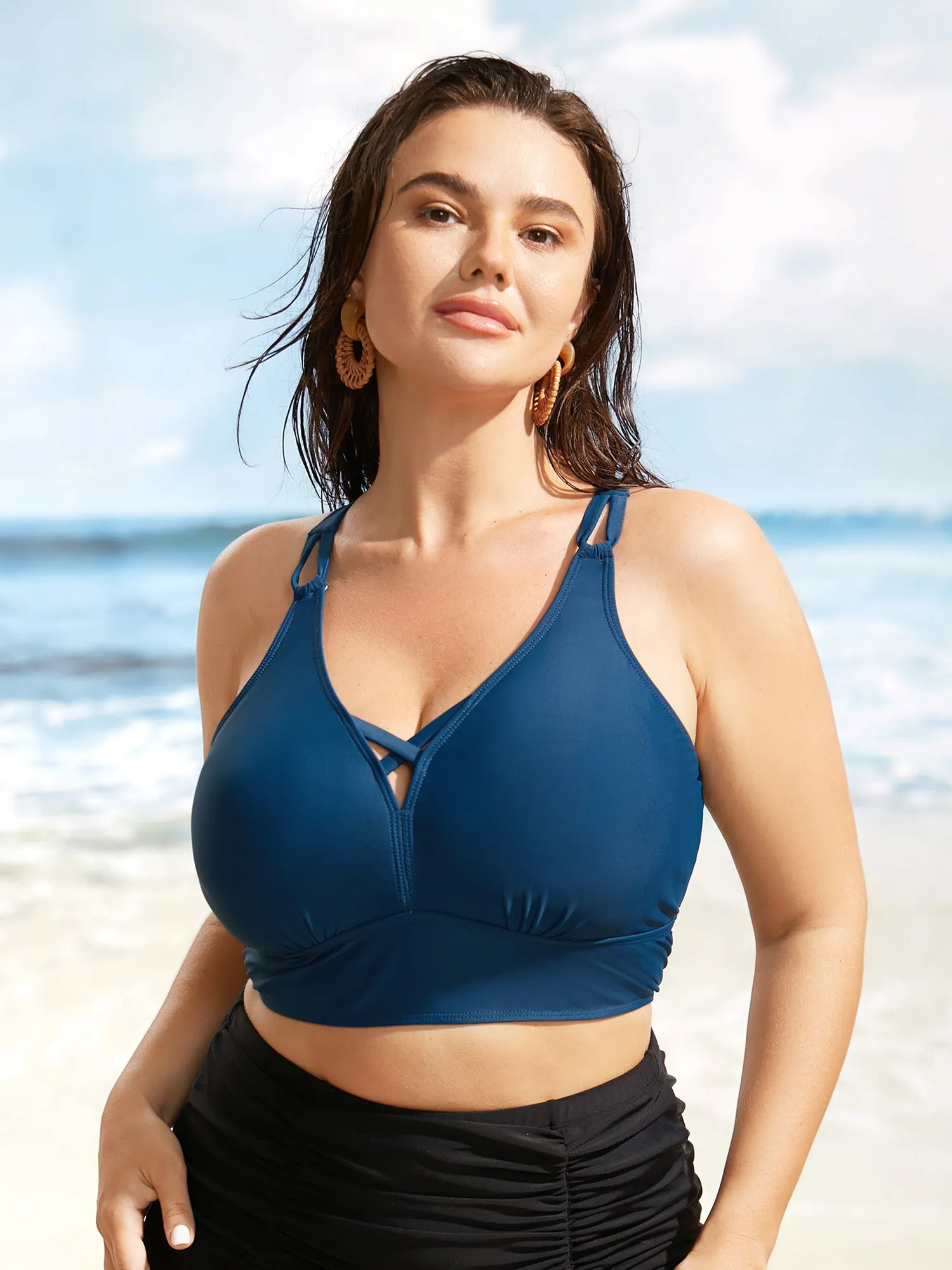 Plain Cut Out Crisscross Tie Knot Swim Top sold by Bloomchic