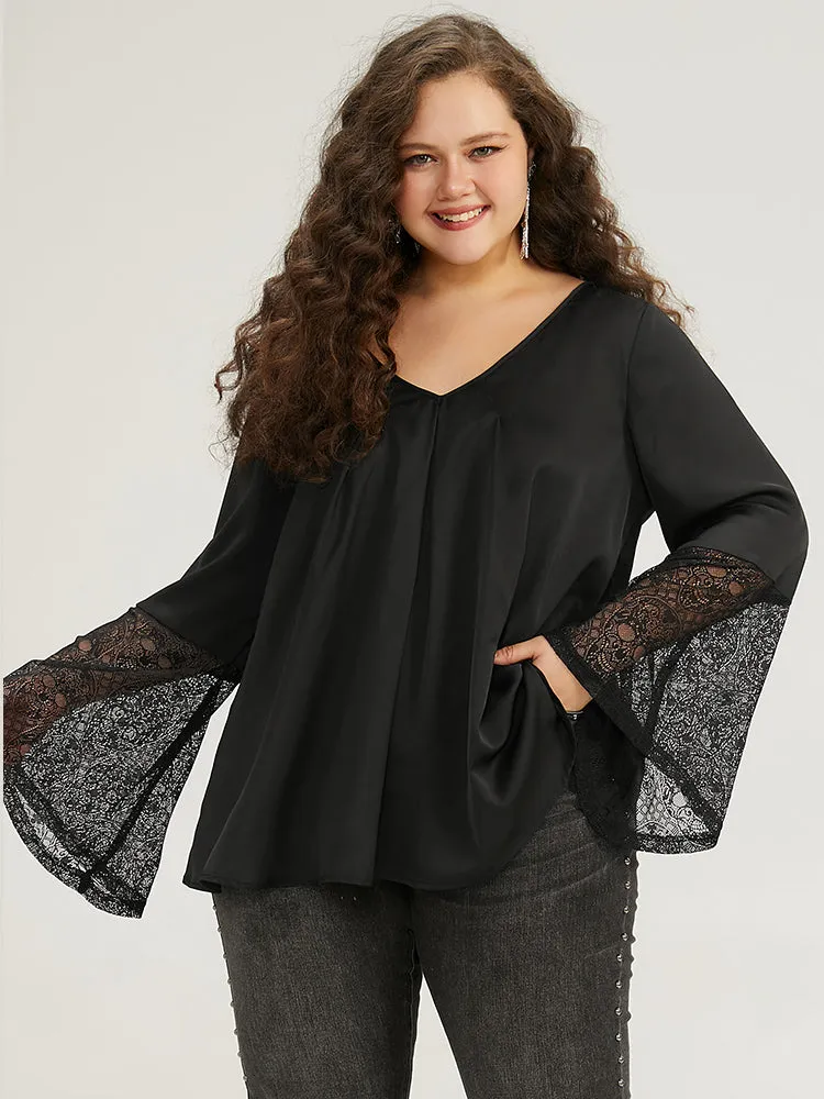 Halloween Lace Patchwork Ties Bell Sleeve Blouse sold by Bloomchic