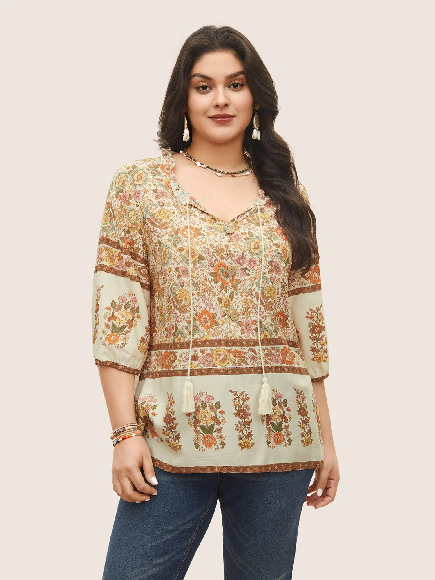 Rayon Boho Print Button Detail Tie Neck Blouse sold by Bloomchic product image thumbnail 2