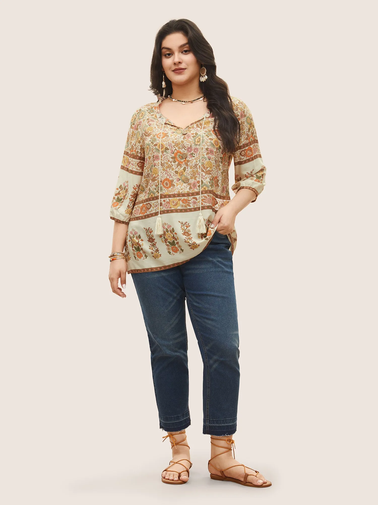 Rayon Boho Print Button Detail Tie Neck Blouse sold by Bloomchic product image thumbnail 3