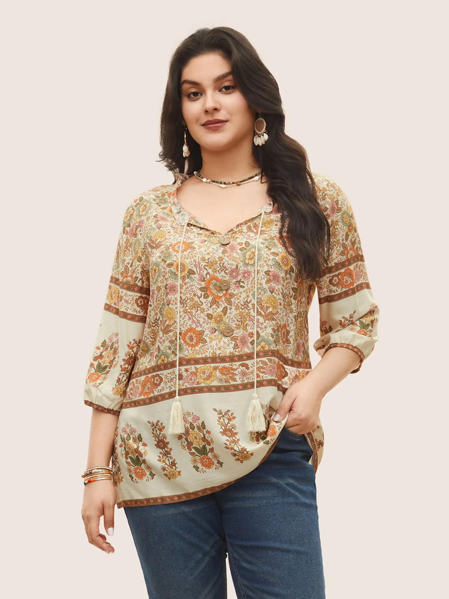 Rayon Boho Print Button Detail Tie Neck Blouse sold by Bloomchic