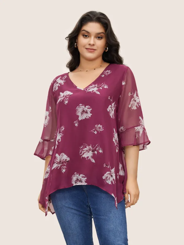 Floral Ruffles See Through Asymmetrical Hem Blouse sold by Bloomchic