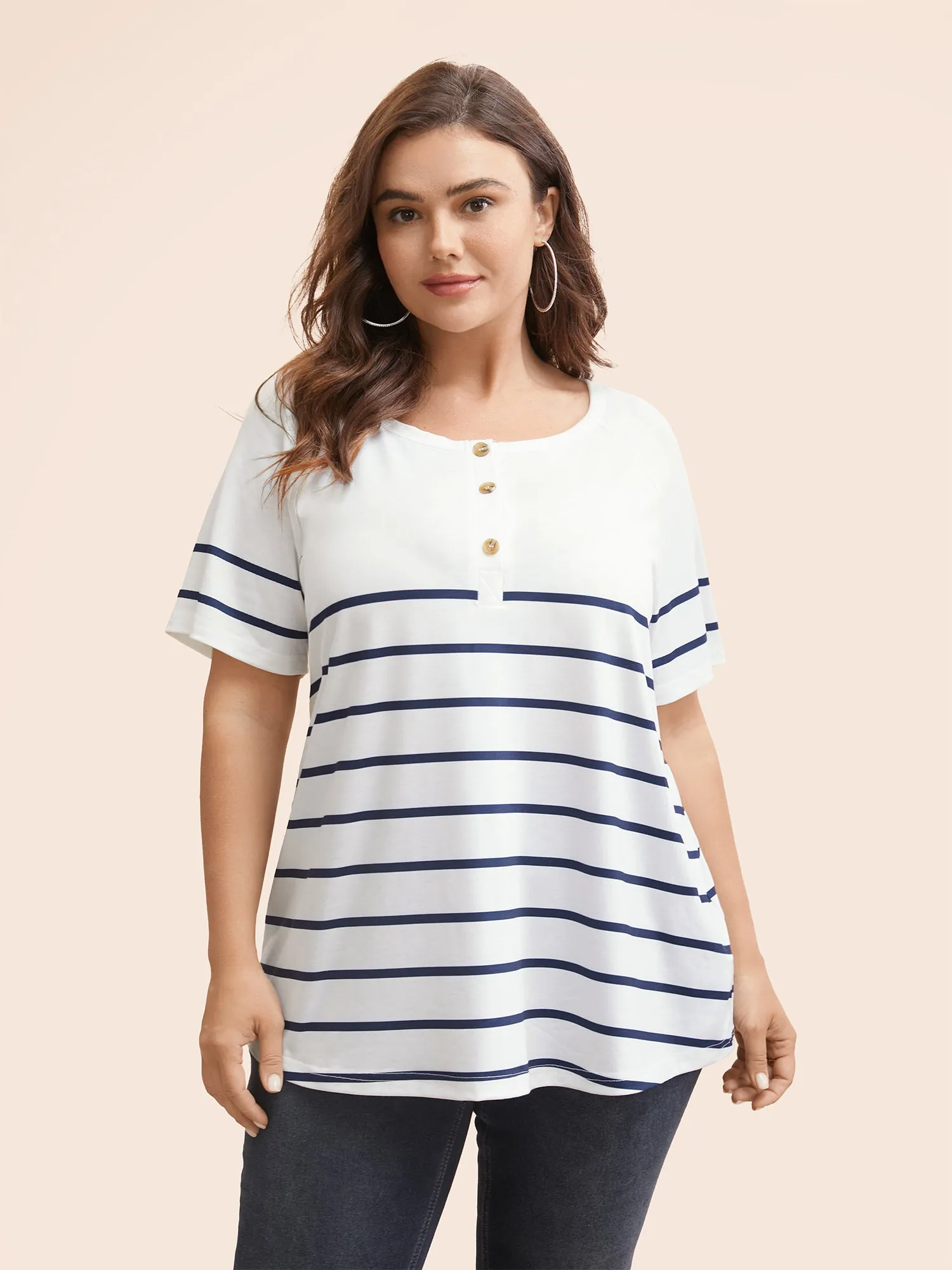 Striped Print Raglan Sleeve Button Up T-shirt sold by Bloomchic