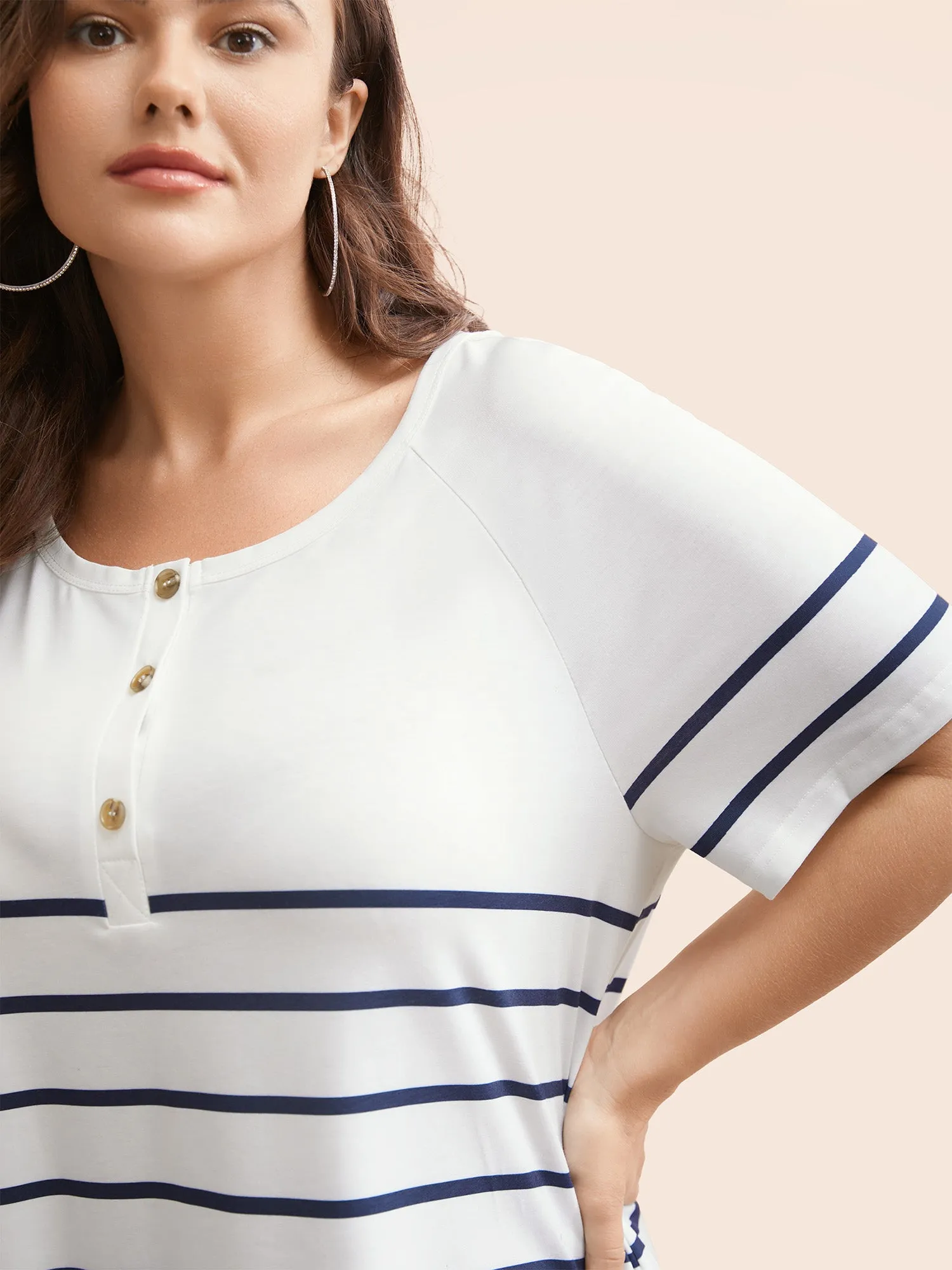 Striped Print Raglan Sleeve Button Up T-shirt sold by Bloomchic product image thumbnail 3