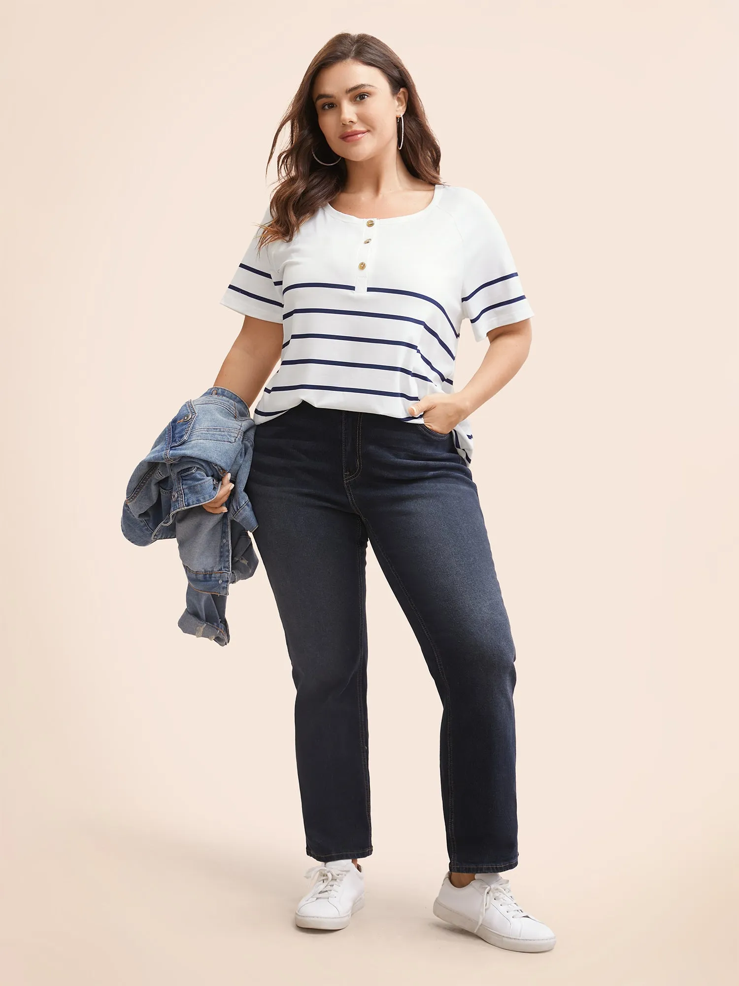 Striped Print Raglan Sleeve Button Up T-shirt sold by Bloomchic product image thumbnail 2