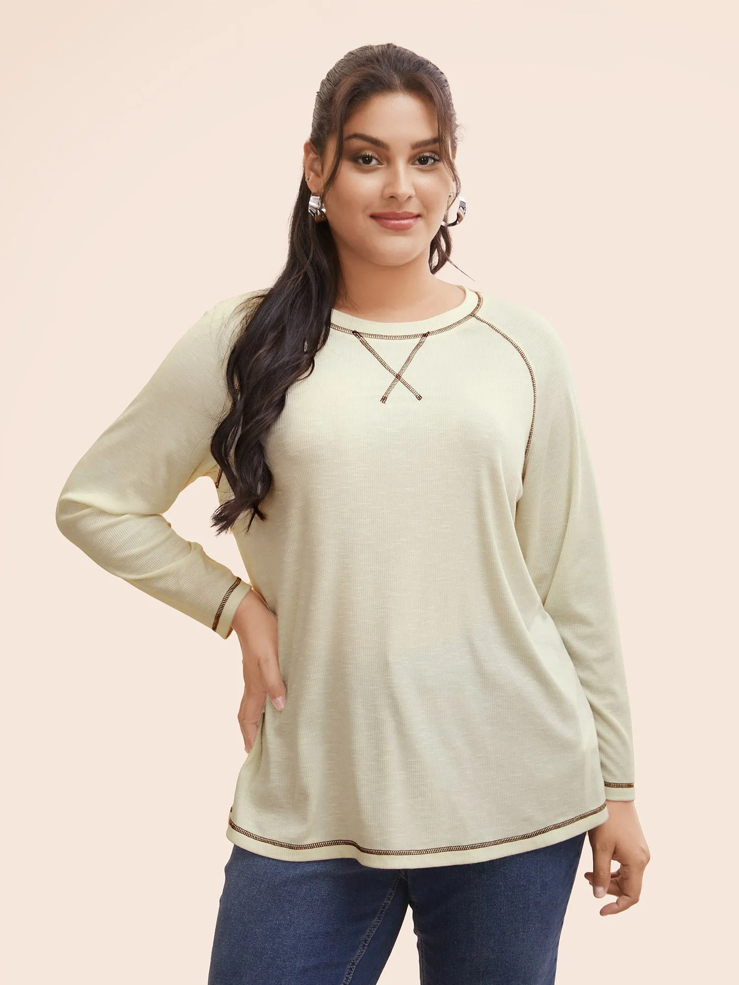 Crew Neck Contrast Stitch Raglan Sleeve T-shirt sold by Bloomchic
