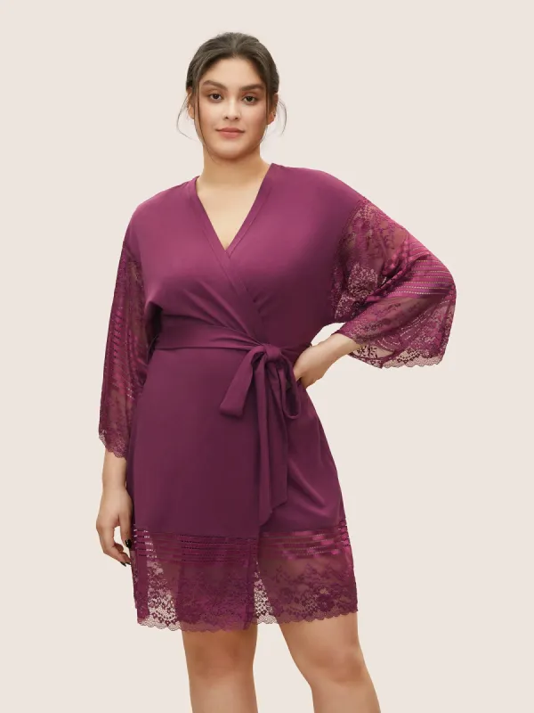 Solid Mesh Patchwork Lace Belted Robe sold by Bloomchic