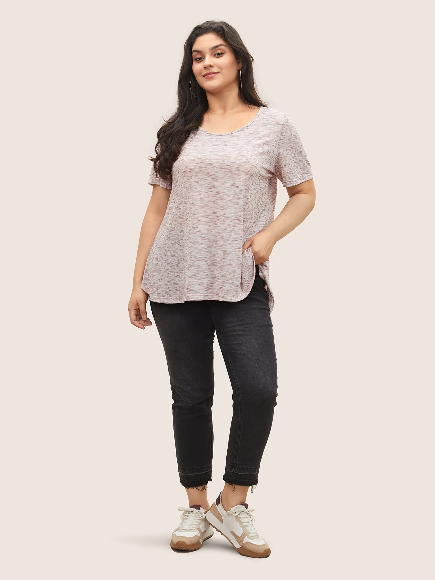 Heather Curved High Low Hem Crew Neck T-shirt sold by Bloomchic product image thumbnail 2