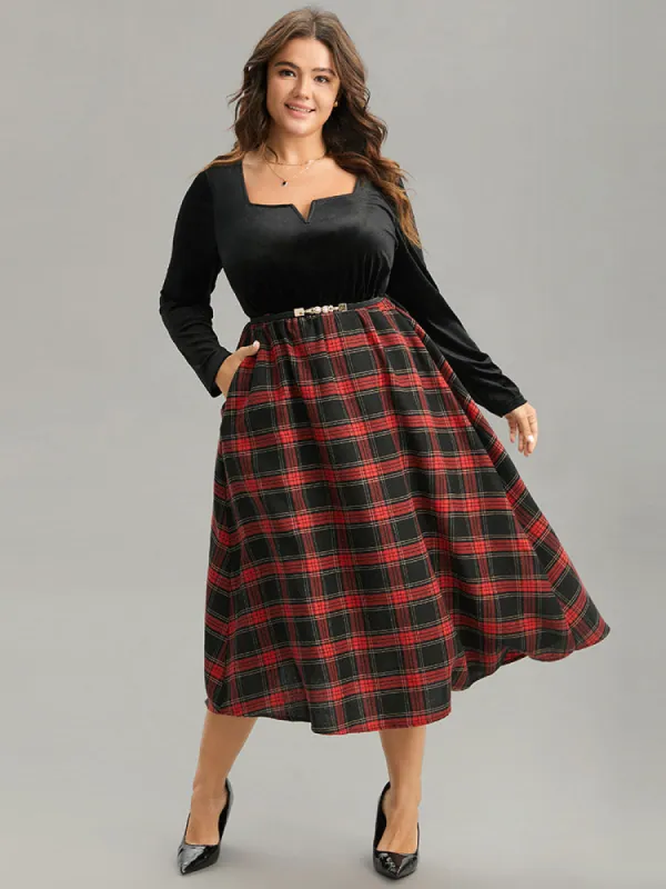 Christmas Plaid Velvet Belted Contrast Notched Dress sold by Bloomchic