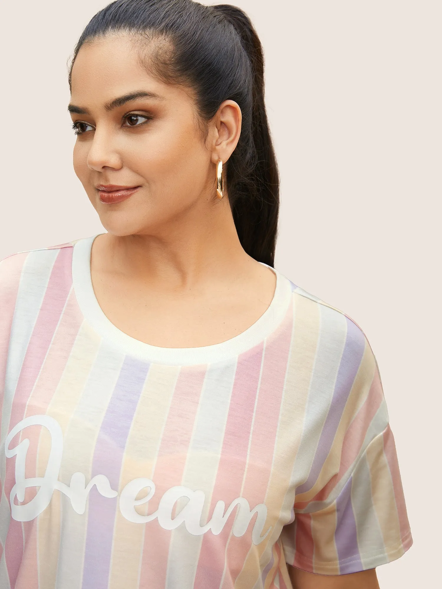 Round Neck Colored Striped Letter Print T-shirt sold by Bloomchic product image thumbnail 4