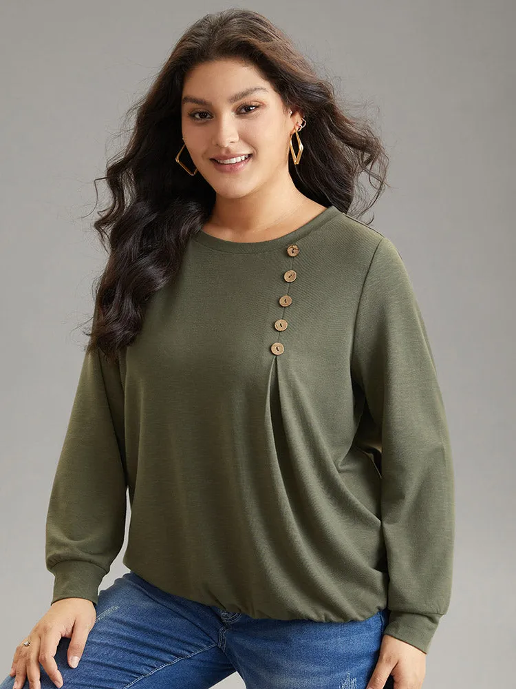 Plain Plicated Detail Button Detail Sweatshirt sold by Bloomchic