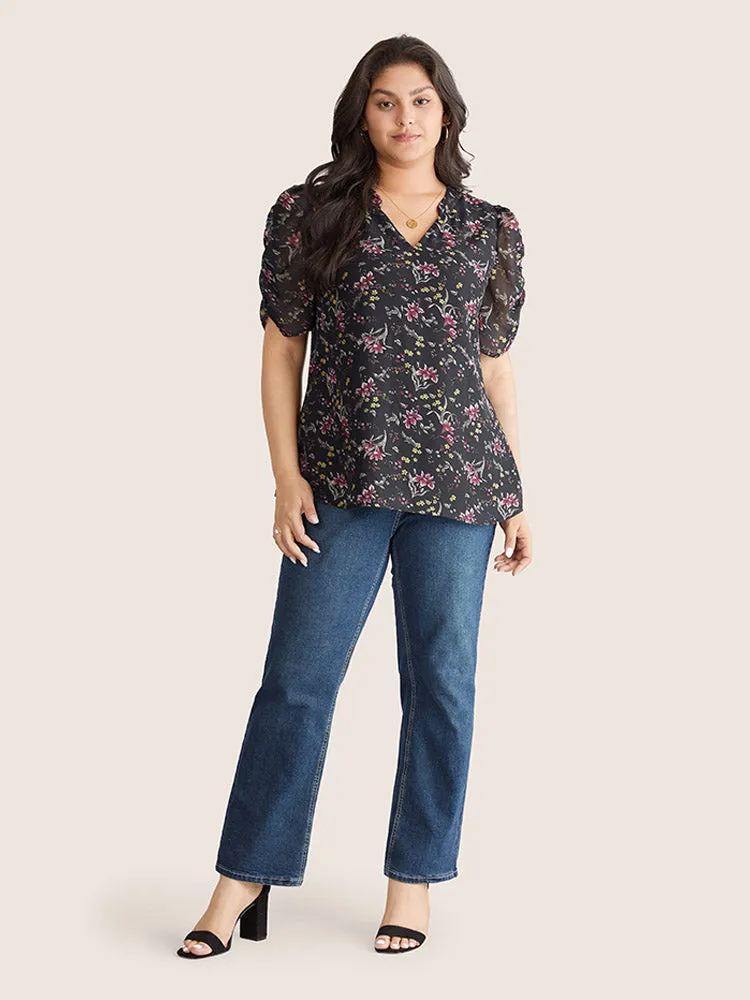 Chiffon Ditsy Floral Puff Sleeve Gathered Blouse sold by Bloomchic product image thumbnail 2