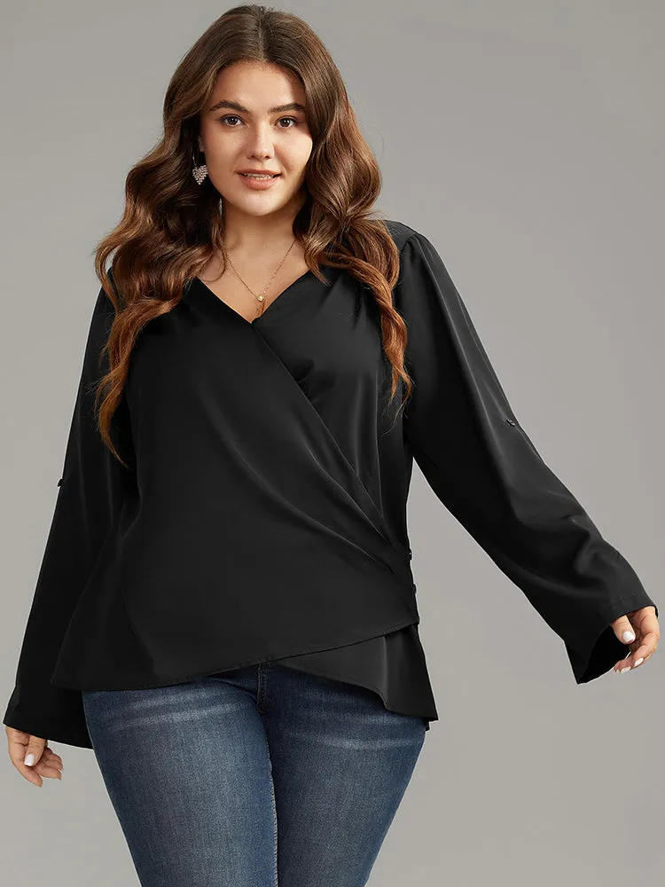 Plain Tab Sleeve Wrap Pleated Blouse sold by Bloomchic