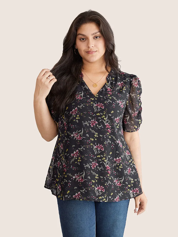 Chiffon Ditsy Floral Puff Sleeve Gathered Blouse sold by Bloomchic