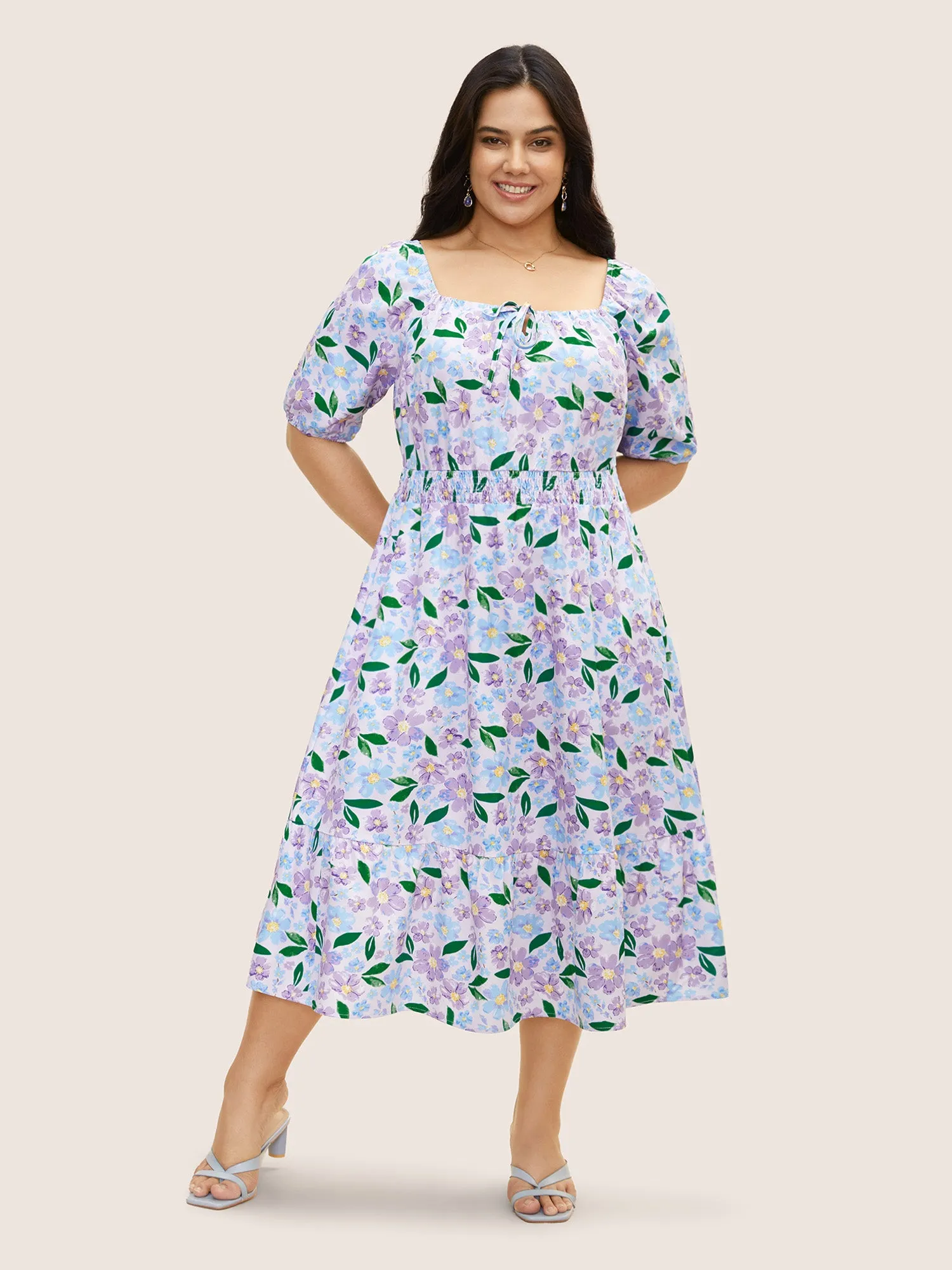 Floral Tie Knot Lantern Sleeve Midi Dress sold by Bloomchic