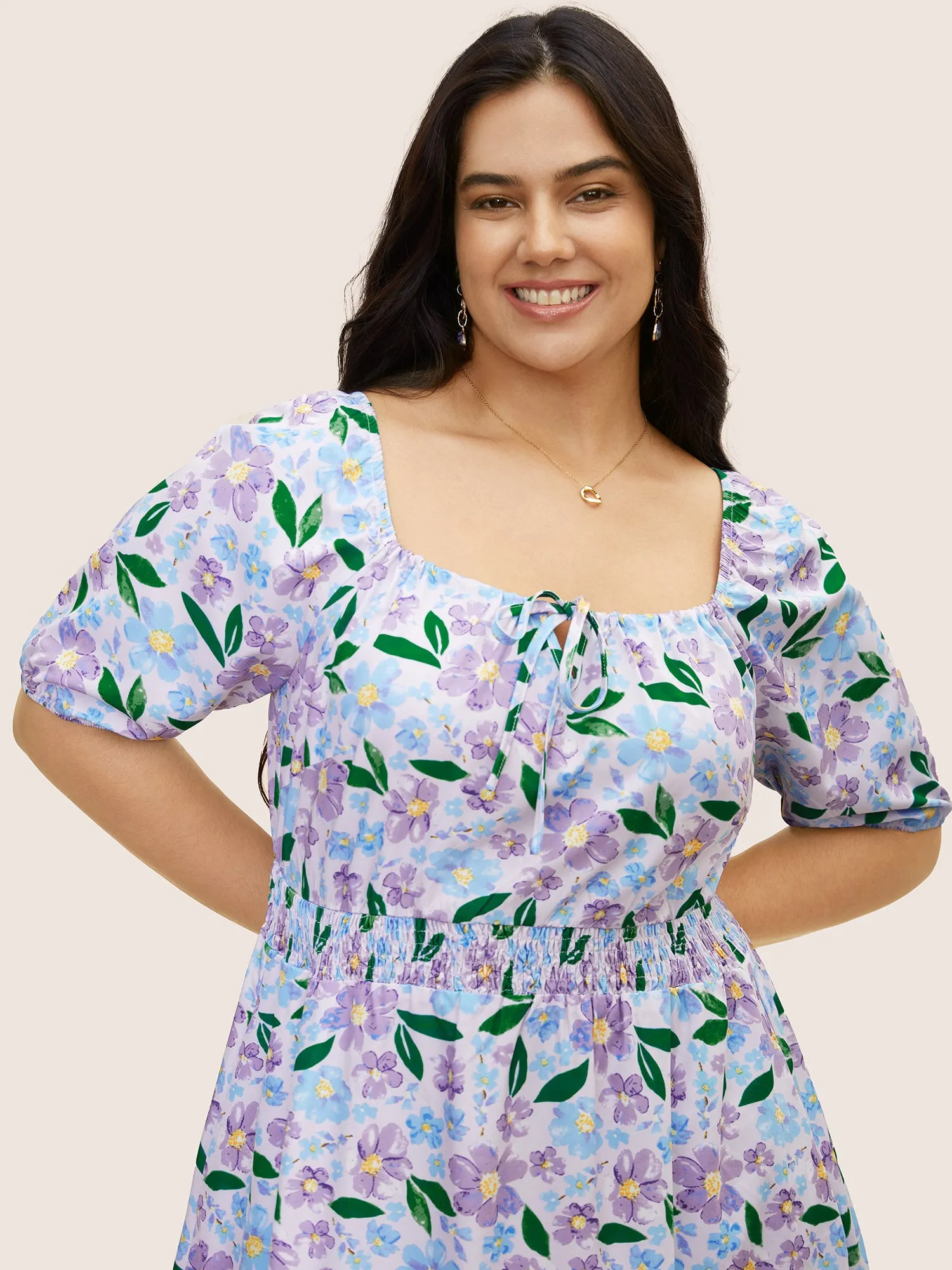 Floral Tie Knot Lantern Sleeve Midi Dress sold by Bloomchic product image thumbnail 4