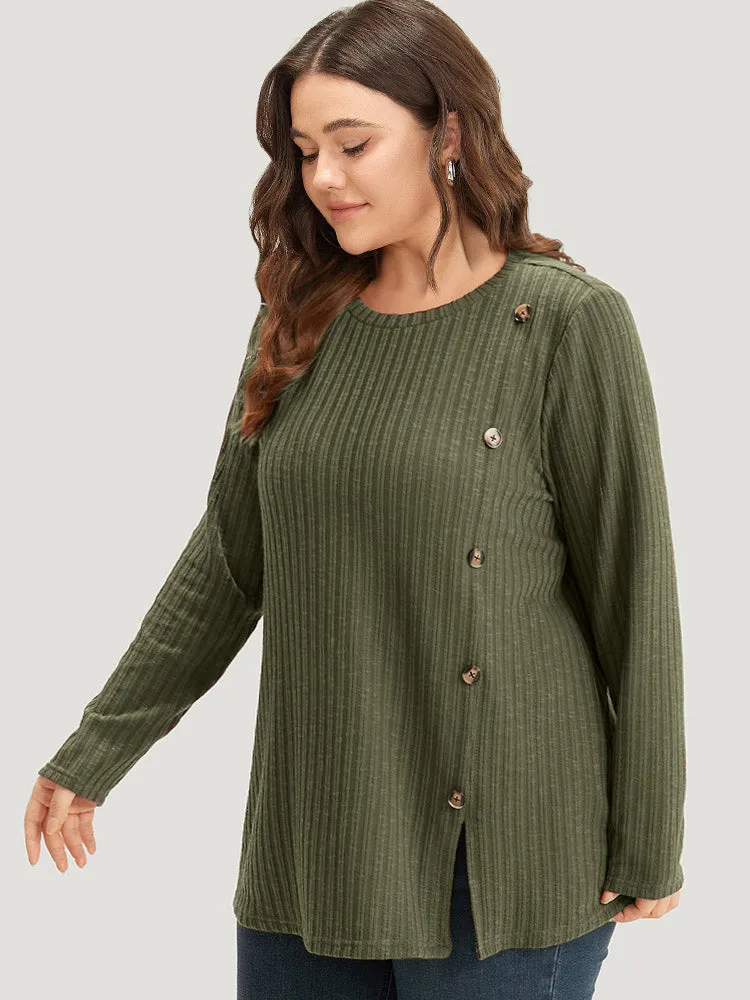 Rib Knit Button Detail Split Side T-shirt sold by Bloomchic product image thumbnail 3