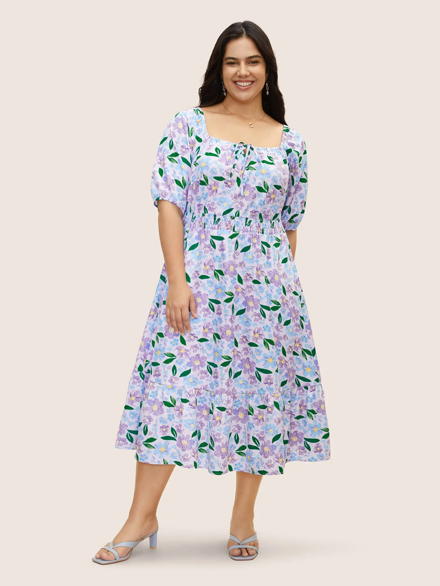 Floral Tie Knot Lantern Sleeve Midi Dress sold by Bloomchic product image thumbnail 3