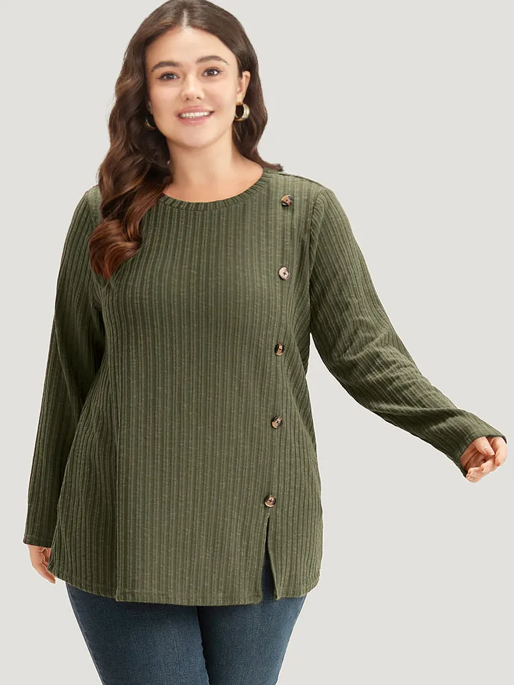 Rib Knit Button Detail Split Side T-shirt sold by Bloomchic product image thumbnail 2