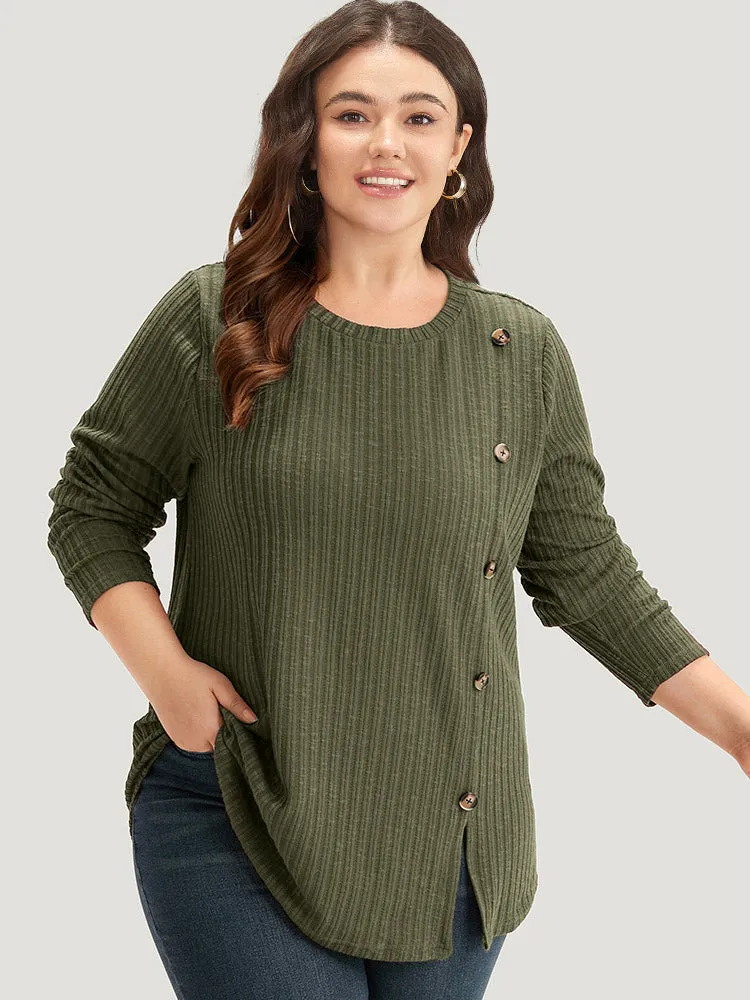 Rib Knit Button Detail Split Side T-shirt sold by Bloomchic