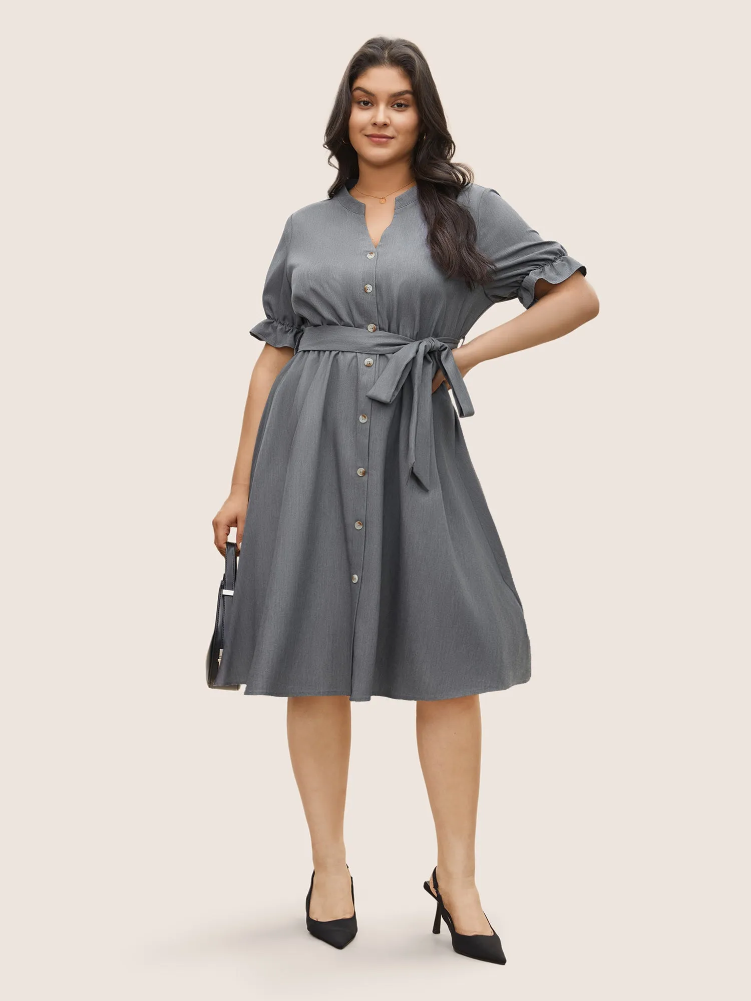 Notched Button Detail Elastic Waist Belted Dress sold by Bloomchic product image thumbnail 2