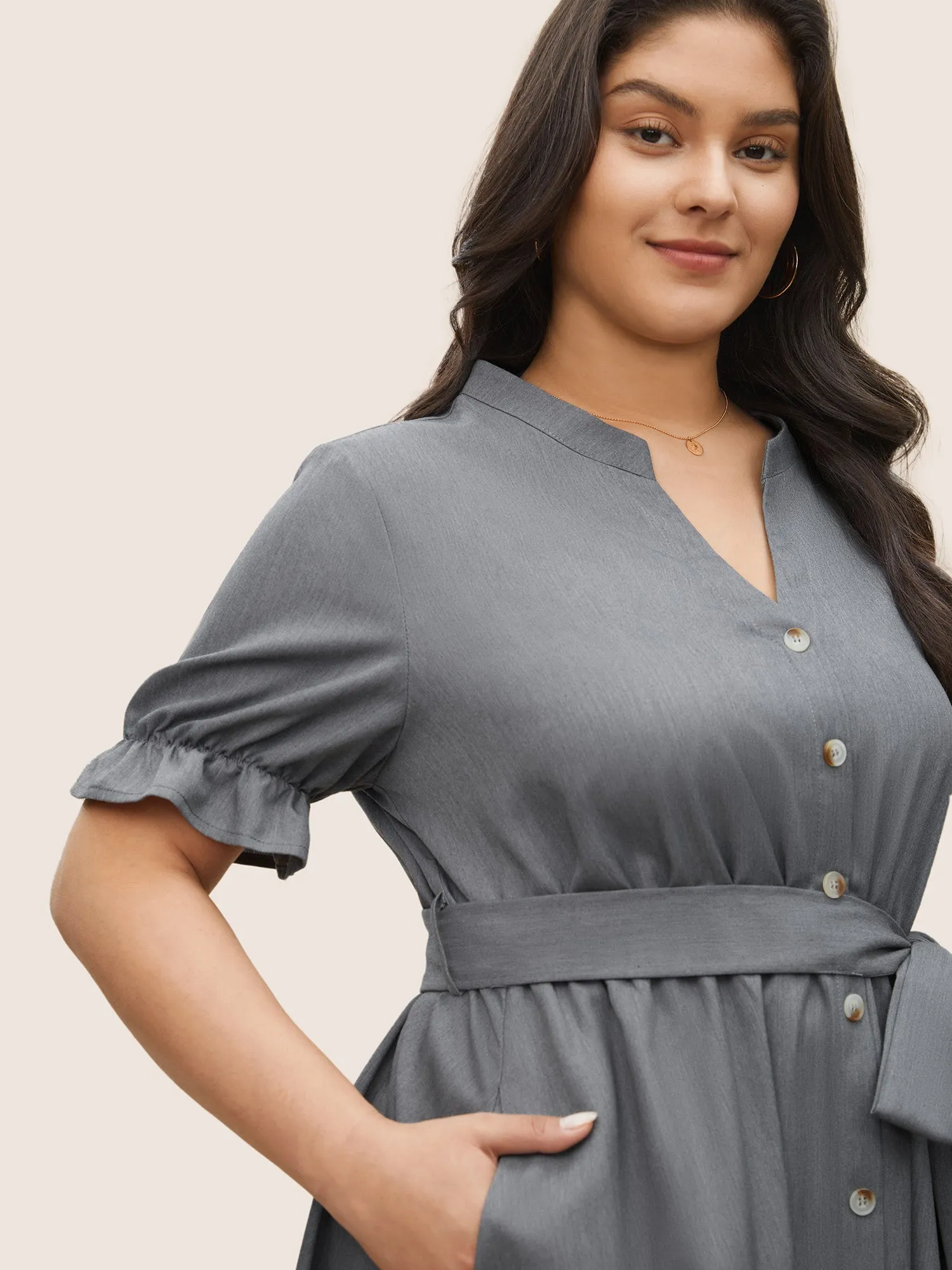Notched Button Detail Elastic Waist Belted Dress sold by Bloomchic product image thumbnail 4