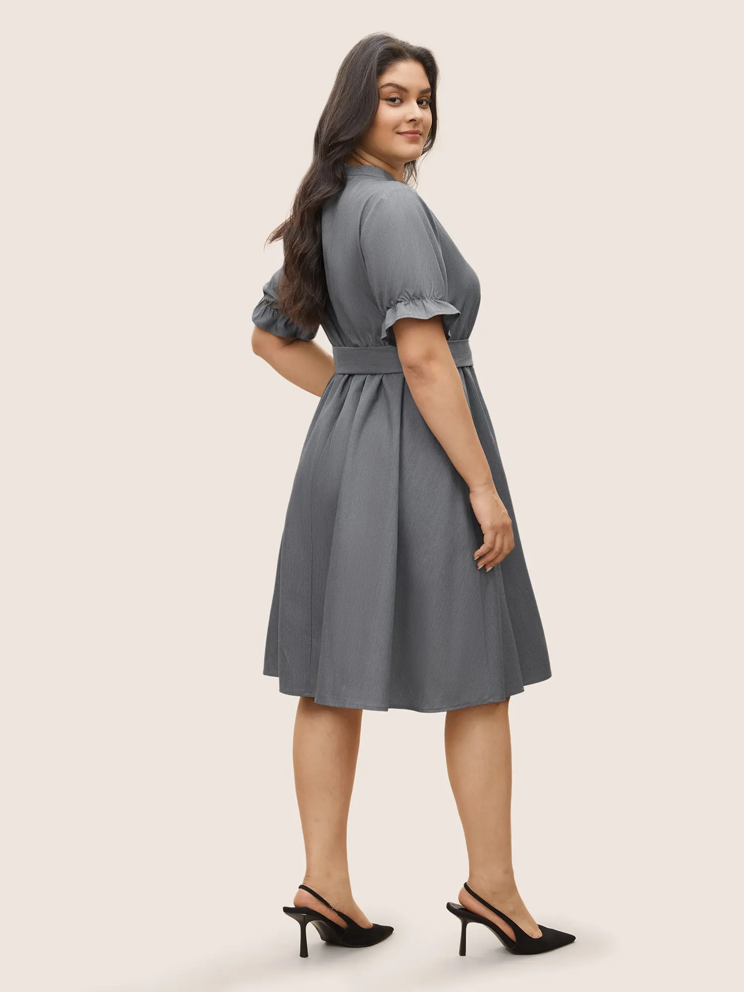 Notched Button Detail Elastic Waist Belted Dress sold by Bloomchic product image thumbnail 3