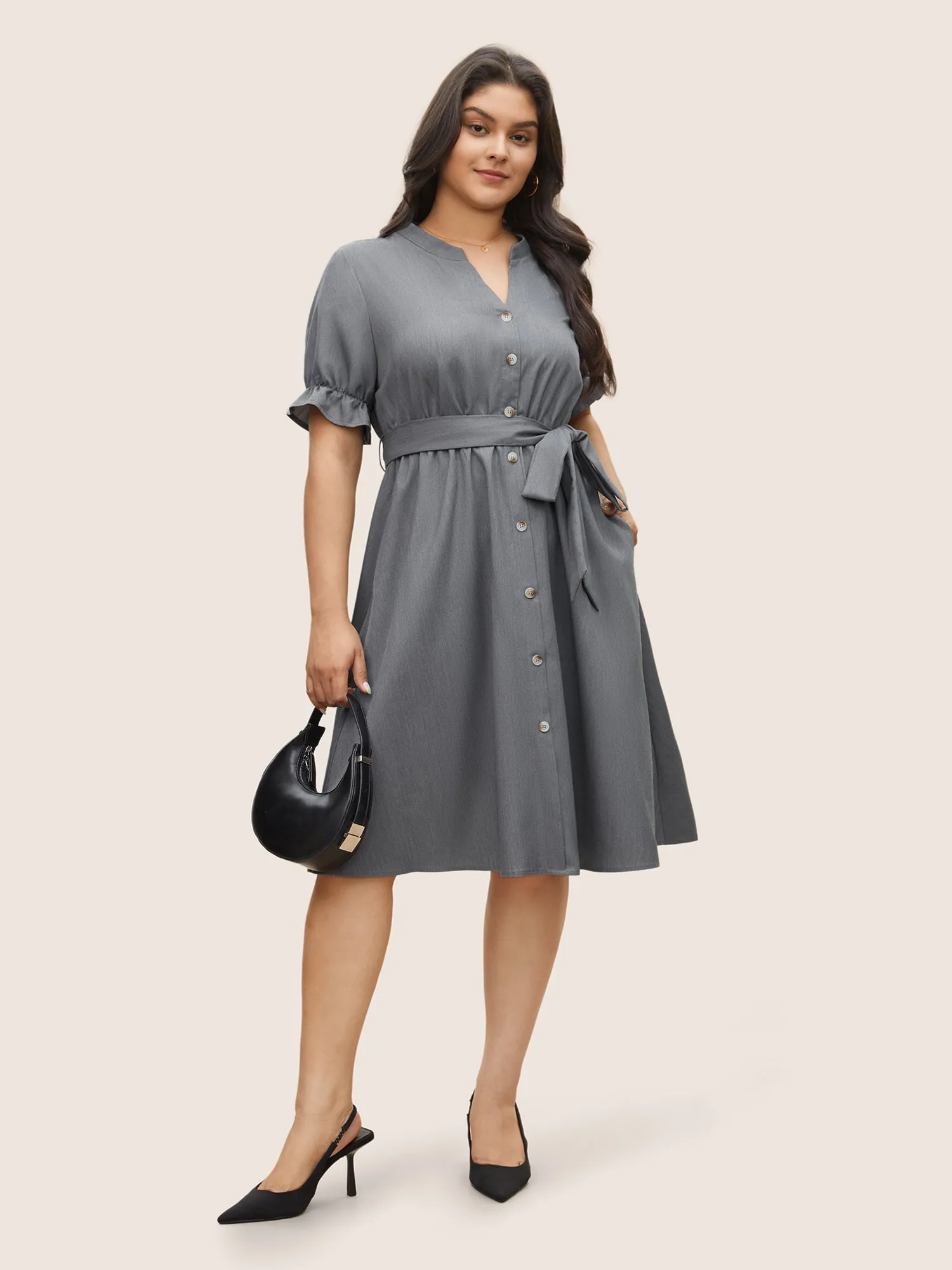 Notched Button Detail Elastic Waist Belted Dress sold by Bloomchic