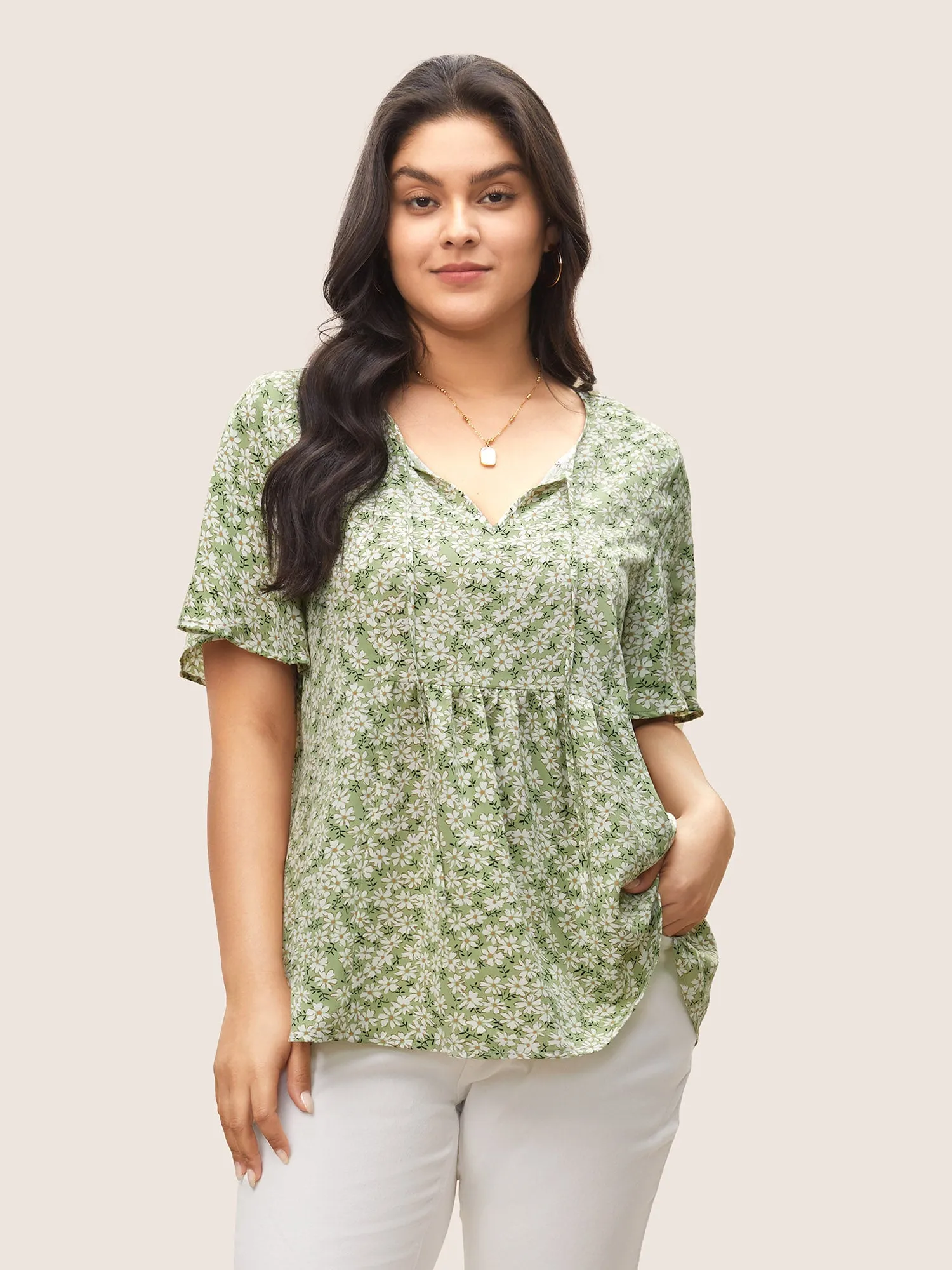 Ditsy Floral Ruffle Sleeve Gathered Ties Blouse sold by Bloomchic