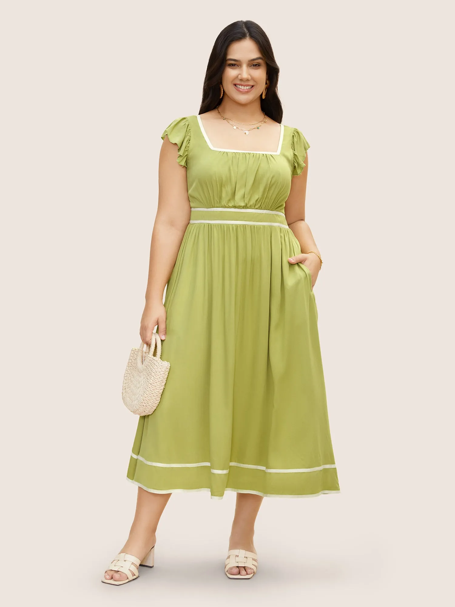 Contrast Webbing Ruffle Cap Sleeve Dress sold by Bloomchic