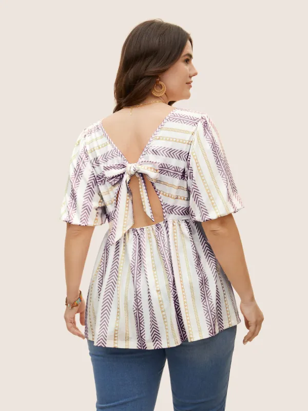 Bandana Striped Back Tie Lantern Sleeve T-shirt sold by Bloomchic