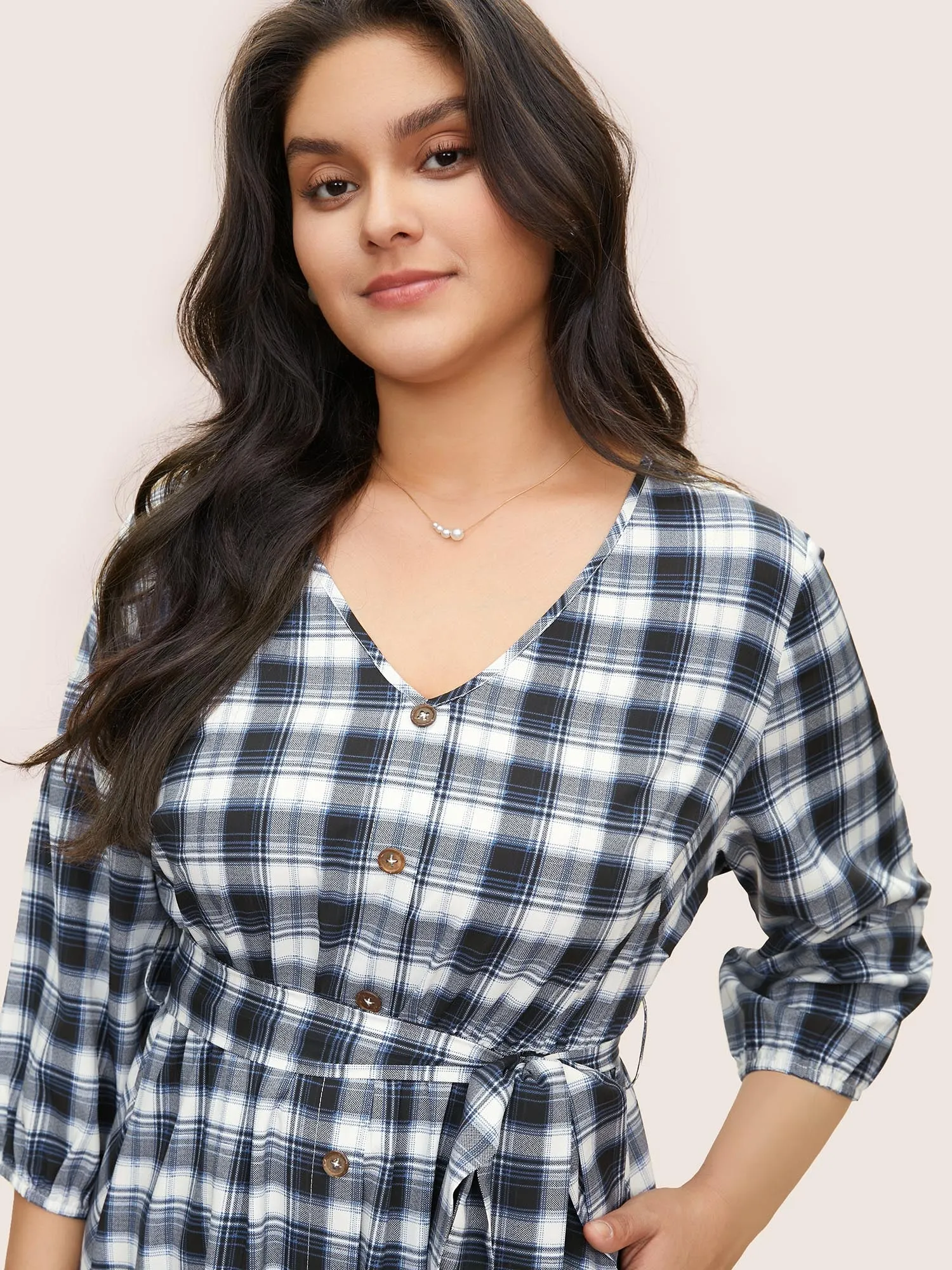 Plaid Button Detail Belted Elastic Waist Dress sold by Bloomchic product image thumbnail 4