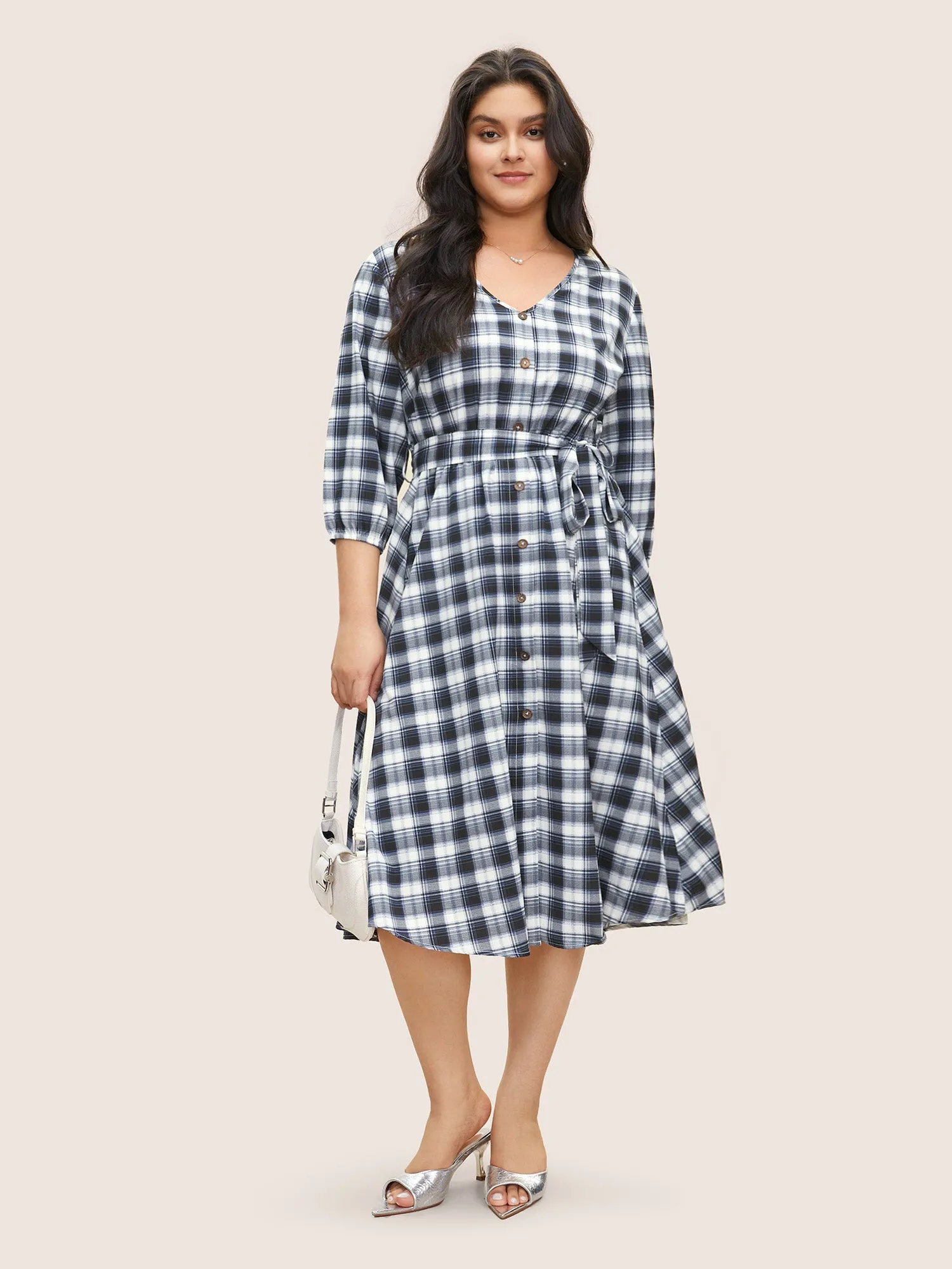 Plaid Button Detail Belted Elastic Waist Dress sold by Bloomchic
